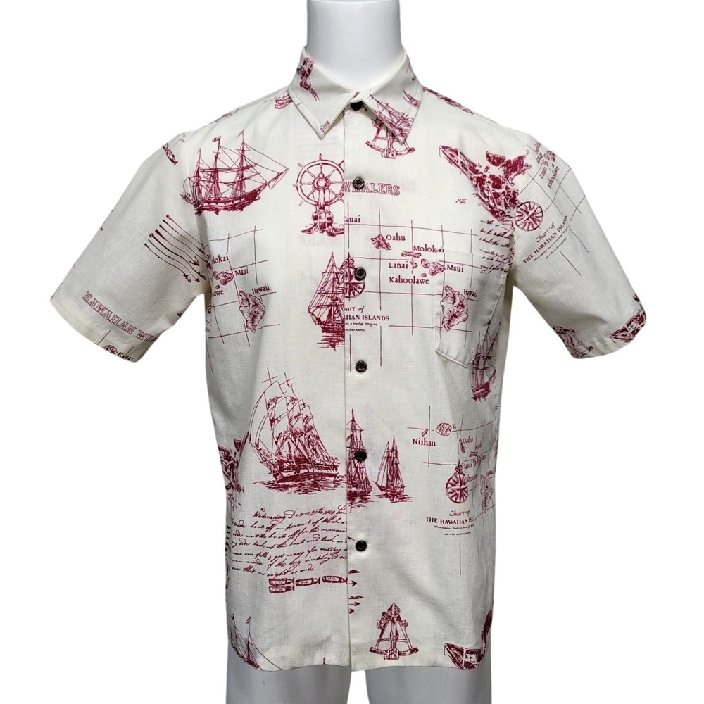 Vintage Napili Hawaii Men L Hawaiian Islands Map Nautical Ship‎ Aloha Shirt Tiki